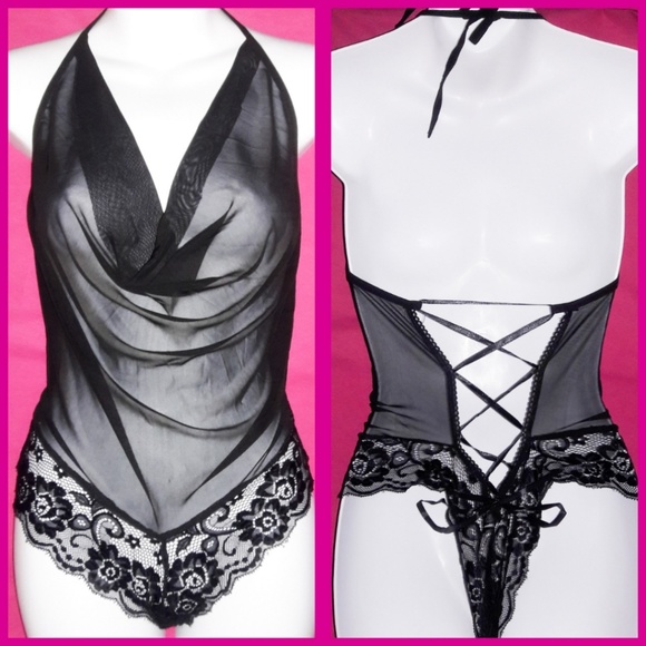 Black Mesh Lace Halter Lace Up Bodysuit - Picture 2 of 6